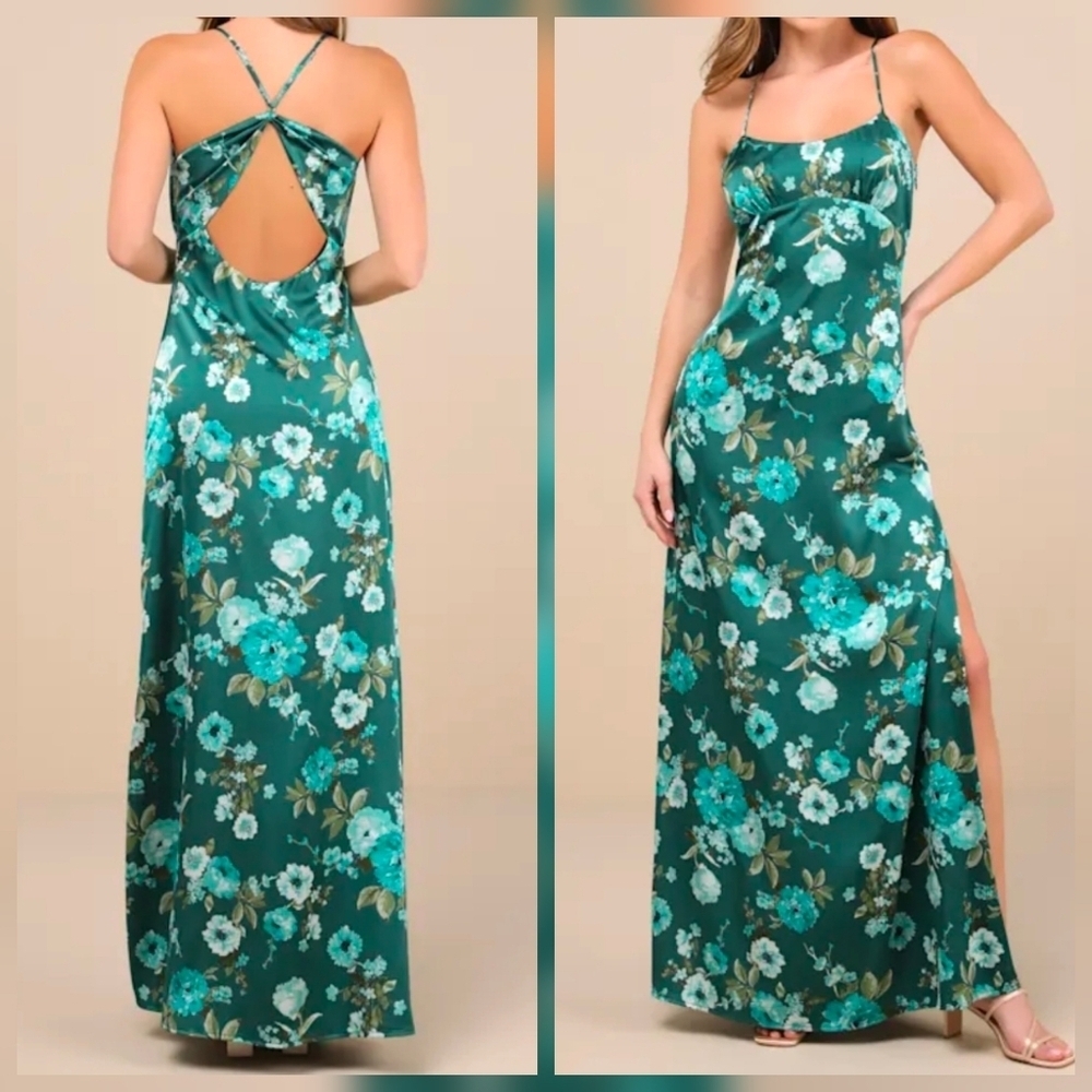 Lulus XS Wondrous Allure Green Floral Satin Backless Maxi Dress, Size XS
